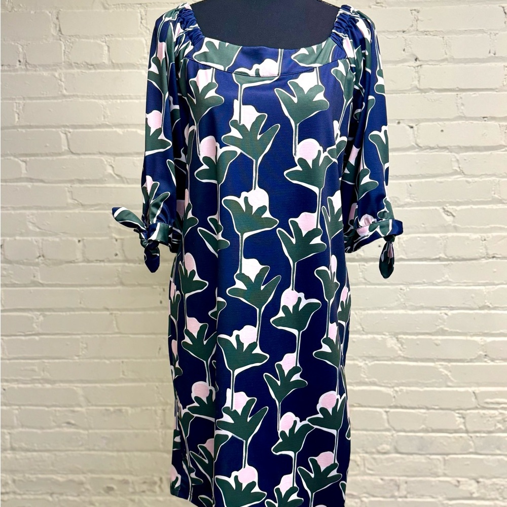 Tracy Negoshian Navy Midi Tunic Dress with Floral Pink & Green Print, Size S